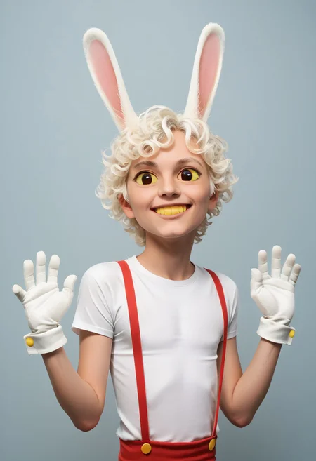 score_9, score_8_up, score_7_up, rating_safe, source_cartoon JaxTADC, solo, gloves, 1boy, animal ears, hands up, upper body, portrait, toes, animal ears, rabbit ears, suspenders, chibi:1.9, male focus, human:1.9, white hair, hot white t-shirt, pants, hot white gloves, yellow sclera, colored sclera, Hot White eyes, yellow teeth, rabbit feet, Hot White cornea, curly hair, cliffside