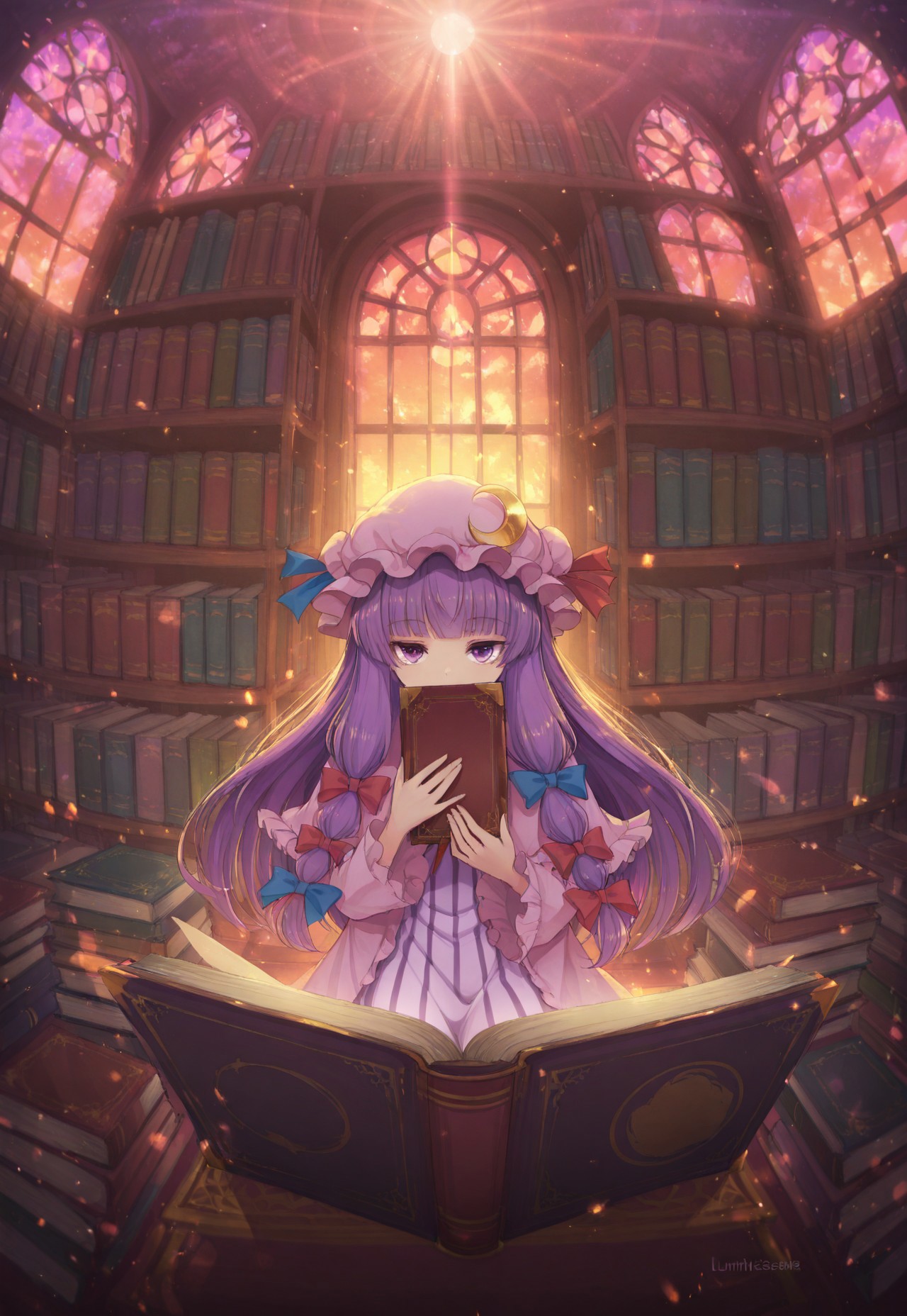 volumetric lighting, ambient occlusion, luminescent background, masterpiece, very awa,library,indoors, a girl reading, beam of light, light through window,depth of field, stained glass window, sunset, dusk, red and purple light
BREAK
patchouli knowledge, 1girl, solo, purple eyes, purple hair, long hair, sidelocks,mob cap, pink hat, crescent pin, hair bow, blue bow, red bow, pink dress, purple capelet, vertical-striped dress,holding book, emotionless, looking at viewer, book covering mouth