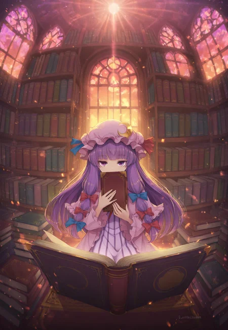 volumetric lighting, ambient occlusion, luminescent background, masterpiece, very awa,library,indoors, a girl reading, beam of light, light through window,depth of field, stained glass window, sunset, dusk, red and purple light
BREAK
patchouli knowledge, 1girl, solo, purple eyes, purple hair, long hair, sidelocks,mob cap, pink hat, crescent pin, hair bow, blue bow, red bow, pink dress, purple capelet, vertical-striped dress,holding book, emotionless, looking at viewer, book covering mouth