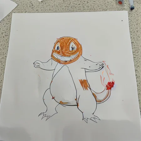 solo, standing, white background, flame-tipped tail, line art, full body, no humans, fangs, open mouth, claws, simple background