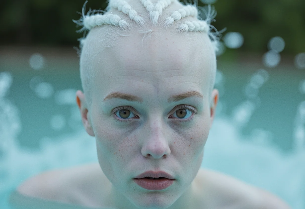 macro shot, cinematic, dramatic, Minimalistic style, watercolor, combination of white with white, detailed drawing, shrouded in mysticism, create the image of a beautiful African albino woman. Her short, protruding African braids, big lively eyes, white eyelashes and hair, pale white, as if transparent, pearl skin, create a frosty effect. The photo, taken by a professional photographer, with soft lighting, high detail and resolution, amazes with its beauty and realism. This close-up allows you to see all the nuances and details of her face, making the photo truly unique. , whimsical, beautiful alluring women, wearing professional makeup, standing in a lake, raising an arm, under a binary black hole with a ring