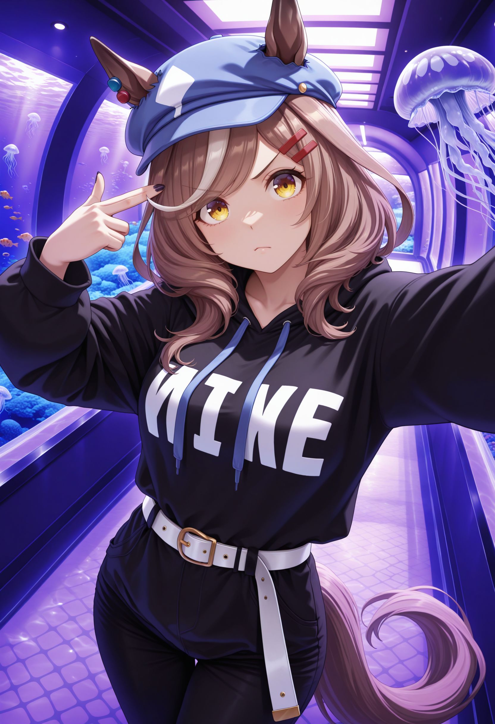 masterpiece, best quality, amazing quality, very awa,absurdres,newest,very aesthetic, looking at viewer
 <lora:Matikane Tannhause illu v3:1> 1girl, medium breasts, yellow eyes ,brown hair, white hair, multicolored hair, medium hair, streaked hair, animal ears, horse ears, horse tail, blue headwear, cabbie hat, ears through headwear, hair ornament, hairclip, baseball cap, fashion, hat, hat pin, oversized clothes, oversized shirt, streetwear, black hoodie, hood, hood up, (clothes writing), indoors, aquarium, aquarium tunnel, glass, jellyfish, purple theme, tunnel, selfie, outstretched arm, taking picture, yellow eyes, white belt, black pants, drawstring, nail polish, (ceiling:0.85), (ceiling light:0.85), reaching towards viewer, dutch angle, cowboy shot, looking at viewer, finger gun, finger gun to head, pointing, v-shaped eyebrows, closed