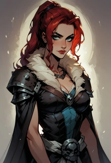 score_9, score_8_up, score_7_up, BREAK, 1woman, cowboy-shot, beautiful, dramatic lights ((Hellion, HellionDD, Hellion Darkest Dungeon, red hair DDstyle. Darkeststyle. Darkestdungeonstyle.))