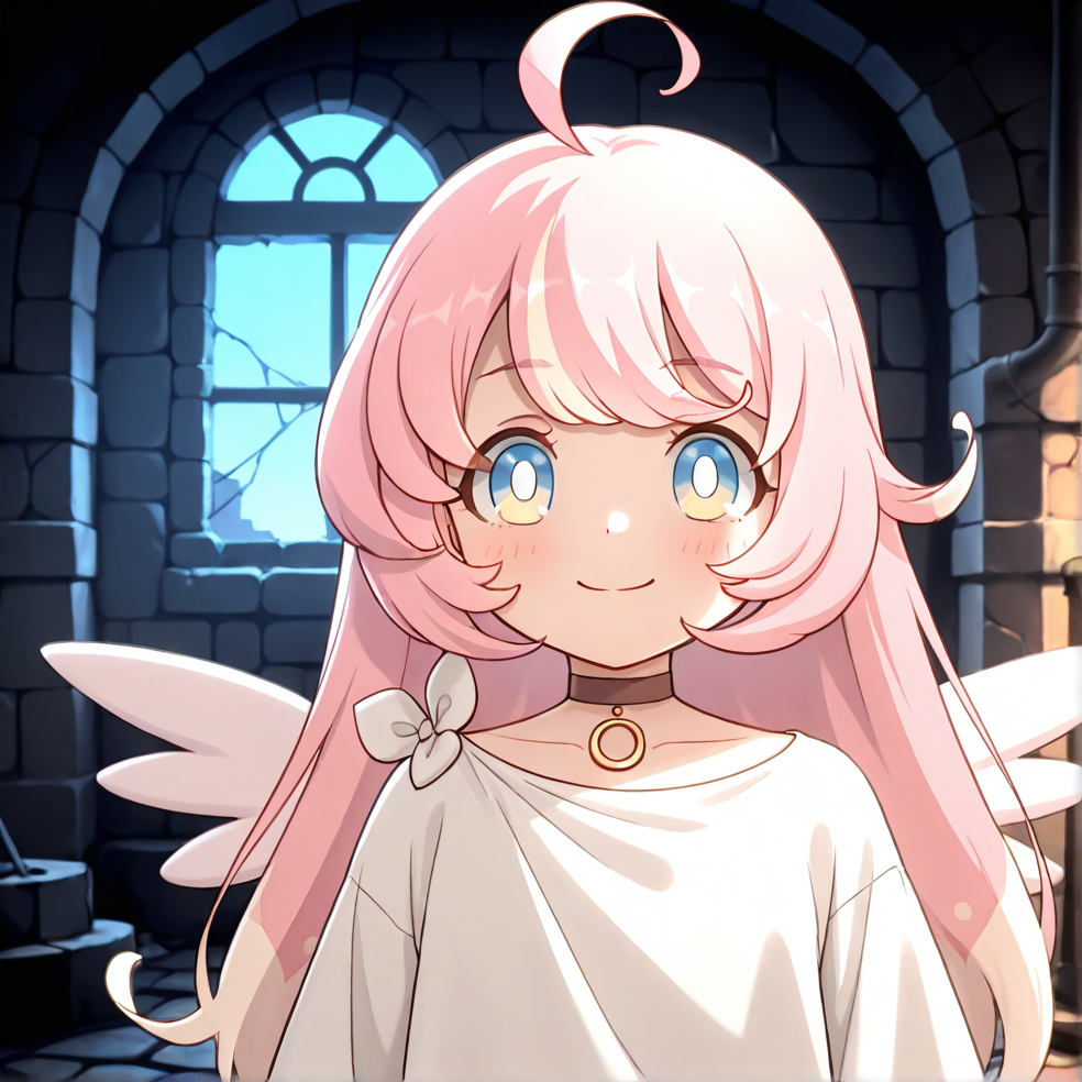 masterpiece, best quality, very aesthetic, absurdres, detailed, dungeon, ruins, break, raphy_(princess_connect), 1girl,long hair,pink hair,ahoge,multicolored hair,bangs,blue eyes,wings,white dress,choker