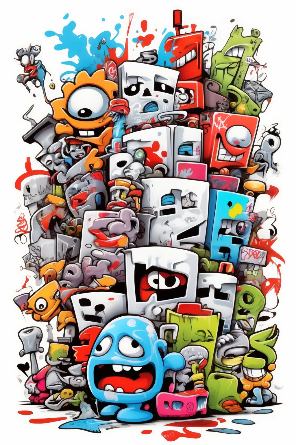<lora:Skottie Young Style:1>Skottie Young Style - Design many small things and characters associated with graffiti culture in a cartoon illustration style. White background