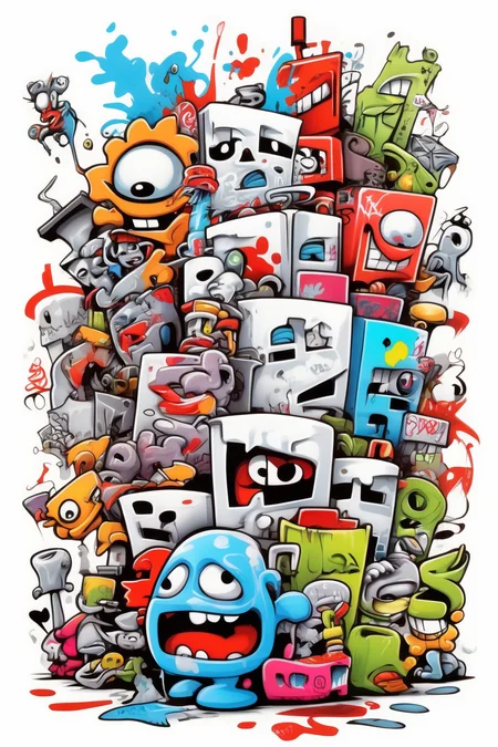 <lora:Skottie Young Style:1>Skottie Young Style - Design many small things and characters associated with graffiti culture in a cartoon illustration style. White background