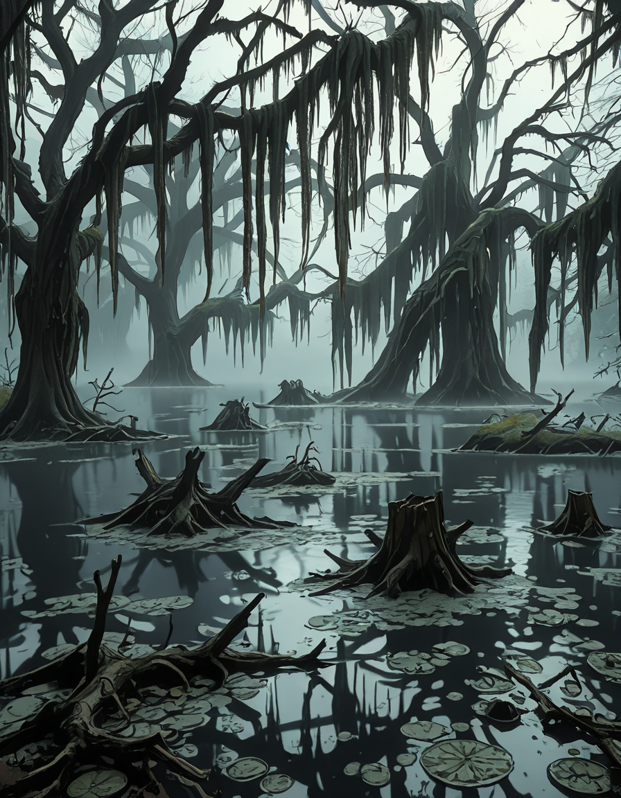 A dark and eerie swamp shrouded in thick mist, with twisted, gnarled trees rising from the murky water. Their bare branches reach out like skeletal fingers, draped in long, hanging moss. The water is still, reflecting the dim, overcast sky, with occasional ripples hinting at unseen movements beneath the surface. In the distance, decaying wooden structures, possibly remnants of an abandoned cabin or pier, are partially submerged and covered in moss. The air feels heavy and damp, filled with an eerie silence except for the occasional distant croak of a frog or the rustling of unseen creatures. Faint, ghostly lights hover above the water, casting an unnatural glow. The atmosphere is ominous and foreboding, evoking a sense of mystery and unease.
<lora:SDXLFaeTastic2400:0.4> <lora:extremely_detailed:0.4> extremely detailed,  <lora:0m1n0us_sw4mp_ill:1>,0m1n0us sw4mp, Masterpiece,best quality,hi res,8k,hi res,8k,award winning,(sharp focus, intricate, highly detailed),