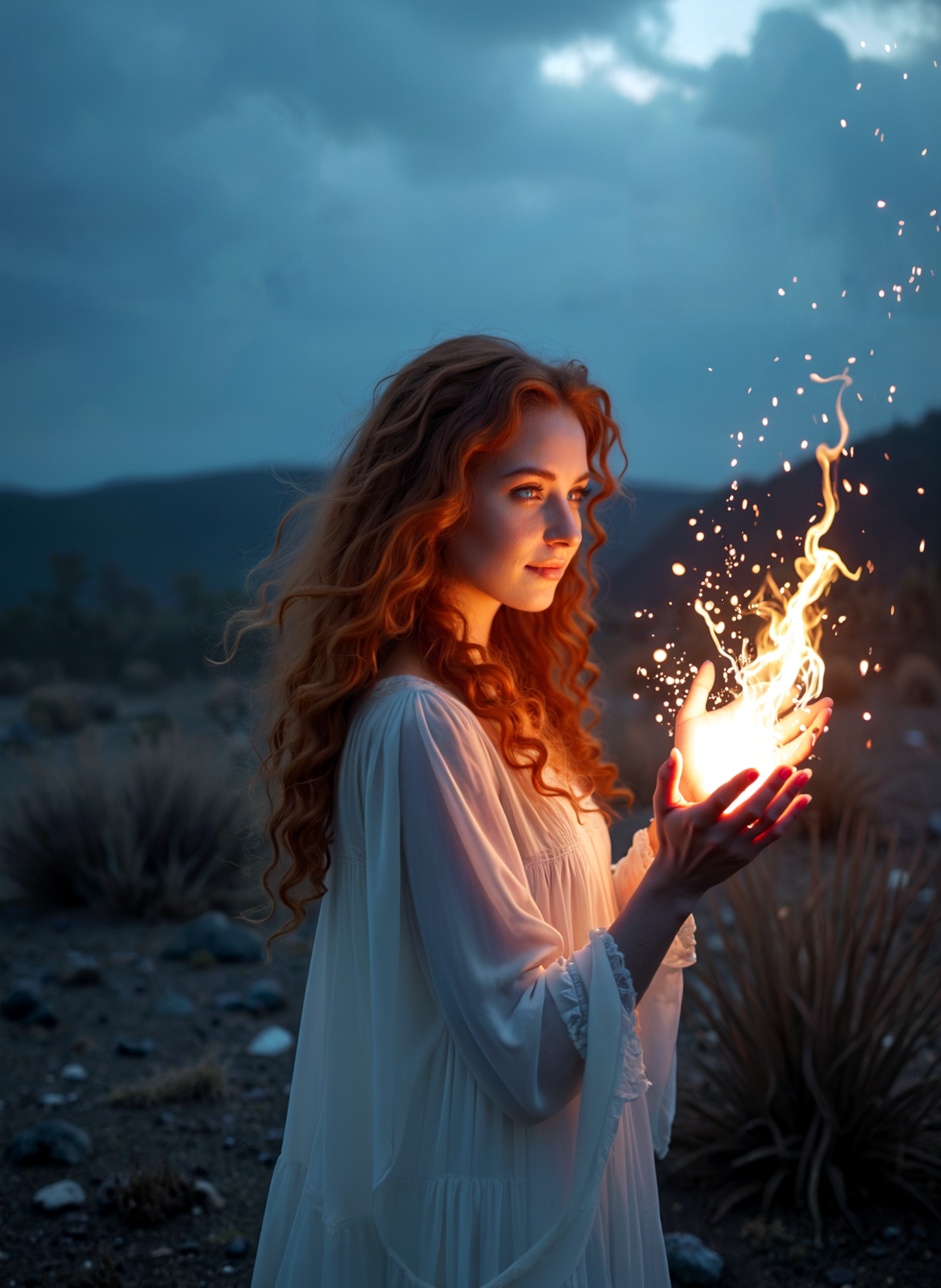 Photograph of a young woman with long red curly hair standing in a desert-like landscape. She is wearing a white dress and is holding a glowing orb in her hands. The orb appears to be made of fire or sparks, with the flames reaching upwards towards the sky. The woman is looking off into the distance with a peaceful expression on her face. The sky is a deep blue with a few wispy clouds, and the sun is setting in the background, casting a warm glow over the scene. The overall mood of the image is serene and contemplative. <lora:add-detail-xl:.5>  <lora:Flux-style-xl-lora:.5>