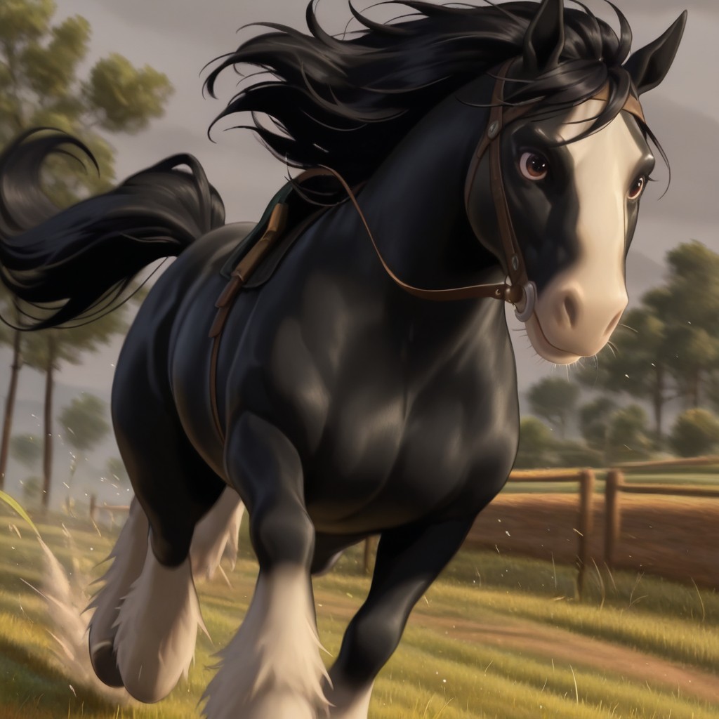masterpiece, best quality, amazing quality, angus1, male, furry male, horse, shire, feral, solo,  black fur, two-tone fur, black mane, horse ears, brown eyes, white muzzle, white hooves, tail, running, outdoors, grass, no humans