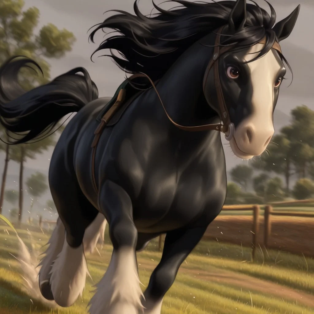 masterpiece, best quality, amazing quality, angus1, male, furry male, horse, shire, feral, solo, black fur, two-tone fur, black mane, horse ears, brown eyes, white muzzle, white hooves, tail, running, outdoors, grass, no humans