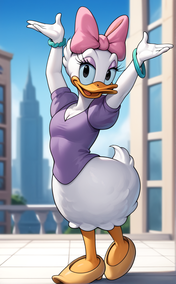 score_9, score_8_up, score_7_up, absurdres, 1girl, blurry background, cityscape, depth of field, looking at viewer, smile, standing, full body, armpits, arms up, parted lips, stomach, contrapposto,<lora:PONYXL_DaisyDuck_ownwaifu:1>, BREAK MainOutfit_DaisyDuck_ownwaifu, furry female, 1girl, beak, hair bow, pink bow, white fur, puffy sleeves, bird girl, puffy short sleeves, duck, black eyes, body fur, animal nose, makeup, jewelry, short hair, bracelet, purple eyeshadow, purple shirt, eyelashes, flat chest, cleavage, dress, white hair, bangle, breasts, colored skin, purple dress, bird, tail, bird tail, purple bow, white skin, eyeliner, medium breasts, short sleeves, 1other,<lora:add-detail-xl:0.15>,