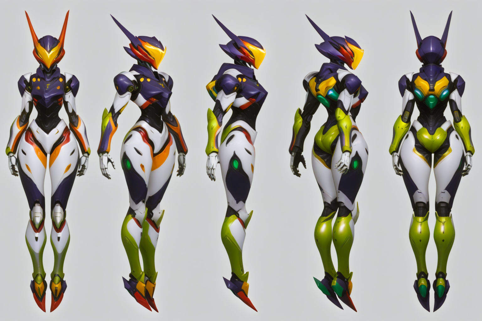 (GENERAL:0), mecha, robot, masterpiece, best quality, very aesthetic, absurdres, solo, standing,
(VIEWS:0),  full body character turnaround of mecha,
Multiple views of the same mecha,  (simple background, white background:1.2), multiple views, side view, back view, front view, 
,
mask, helmet,
(Creature Ref:0), 
Gopher\(animals\)
ï¼
(Mecha Ref:0), 
EVANGELION EVA-01 TEST TYPE,
plate armor, power suit, alien,
android, cybersuit, upper armor, mechanical arms, machinery, prosthesis,
(bodyshape:0), Slim and toned body,
(clothing:0), (Lightweight windbreaker and leggings:0.6), 
(sliver  
Victorian  theme character design:1.1),
 <lora:MechTurnXLRemix_v1:.5>
 <lora:MechTurnXL_v1:.5>
<lora:ClothTurnXLRemix_v1-000004:.25>
 <lora:ClothTurnXL_v1-000004:0.25> 
<lora:CharTurnXL_v2:0.25>
 <lora:xl_more_art-full_v1:.25>,
 <lora:Alphonse Mucha Style:.1>, Alphonse Mucha Style page
 <lora:å½é£æç»SDXL:.1> 
 <lora:mecha:.2><lora:EnvyMechaGirlXL01:.5> <lora:EnvyMechaGirlXL02:.38>