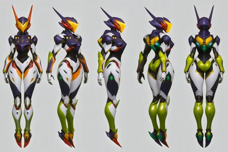 (GENERAL:0), mecha, robot, masterpiece, best quality, very aesthetic, absurdres, solo, standing,
(VIEWS:0),  full body character turnaround of mecha,
Multiple views of the same mecha,  (simple background, white background:1.2), multiple views, side view, back view, front view, 
,
mask, helmet,
(Creature Ref:0), 
Gopher\(animals\)
ï¼
(Mecha Ref:0), 
EVANGELION EVA-01 TEST TYPE,
plate armor, power suit, alien,
android, cybersuit, upper armor, mechanical arms, machinery, prosthesis,
(bodyshape:0), Slim and toned body,
(clothing:0), (Lightweight windbreaker and leggings:0.6), 
(sliver  
Victorian  theme character design:1.1),
 <lora:MechTurnXLRemix_v1:.5>
 <lora:MechTurnXL_v1:.5>
<lora:ClothTurnXLRemix_v1-000004:.25>
 <lora:ClothTurnXL_v1-000004:0.25> 
<lora:CharTurnXL_v2:0.25>
 <lora:xl_more_art-full_v1:.25>,
 <lora:Alphonse Mucha Style:.1>, Alphonse Mucha Style page
 <lora:å½é£æç»SDXL:.1> 
 <lora:mecha:.2><lora:EnvyMechaGirlXL01:.5> <lora:EnvyMechaGirlXL02:.38>