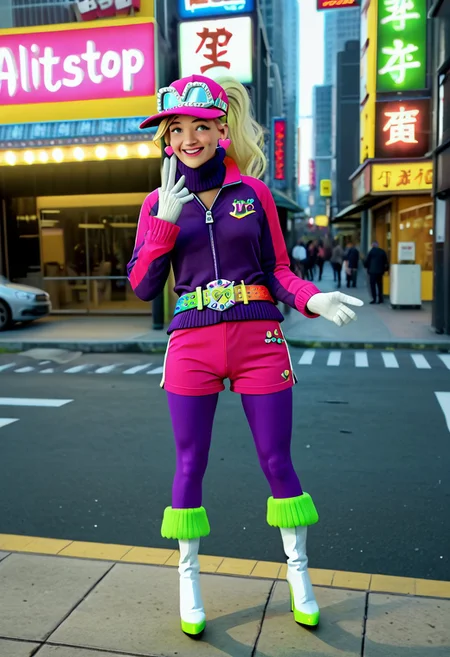 score_9, score_8_up, score_7_up BREAK AniPitstop, 1girl, blonde hair, ponytail, pink eyes, pink lipstick, green blush, pink baseball cap, white goggles on head, heart earrings, rainbow belt, green-jeweled cat silver buckle, long-sleeved pink jacket, purple sweater, white gloves, pink shorts, purple tights, white high-heeled boots, solo, solo focus, female, female focus, full body, smiling at viewer, futuristic tokyo background, tokyo neon outdoors, 3d, source_3d, photorealistic,