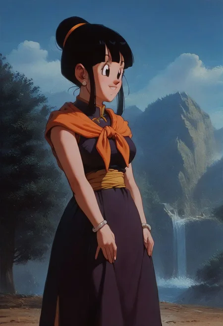 score_9, score_8_up, score_7_up, score_9, score_8_up, score_7_up,score_9, score_8_up, score_7_up, score_6_up, score_5_up, source_anime, uncensored, BREAK, masterpiece, best quality, ultra-detailed, chichi_dbz, ((milf, mature face, tall)), Purple_Dress_Orange_Neckerchief, sleeveless, standing, smile, on the mountains, cowboy shot, realistic, volumetric lighting, intricate details, tonemapping, sharp focus, hyper detailed, <lora:chichi_dbzV2:0.7>