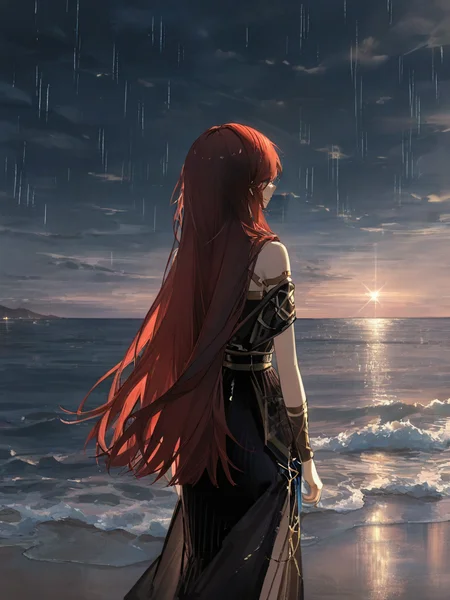 ,1girl,solo,,sophia\(manus vindictae\)\(reverse:1999\),long hair,black dress,sophia\\(reverse:1999\\),dusk,sunset,rain,night_sky,ocean,beach,<lora:fanggeCL-000024:0.8>,<lora:sophia-000012:0.8>, masterpiece, best quality, very aesthetic, absurdres