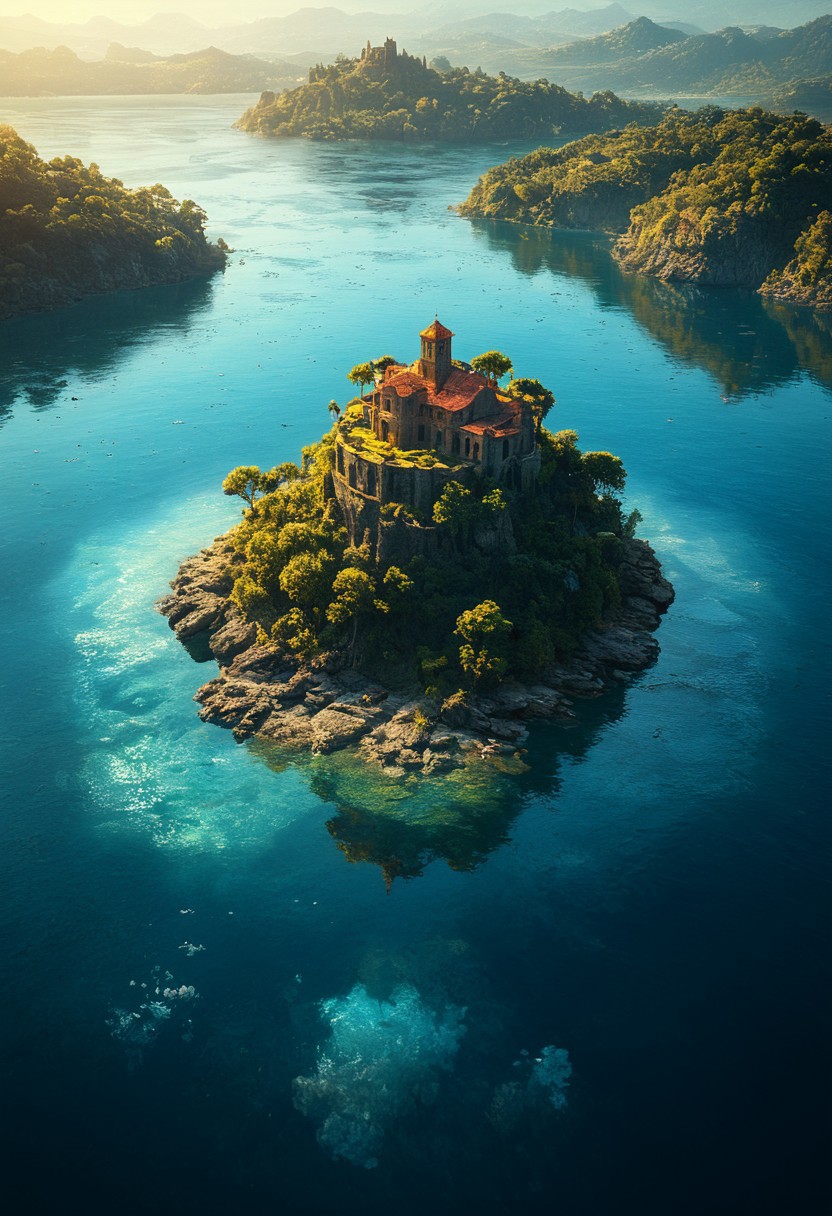 Breathtaking views, mystical place, detailed landscape, lighting, An island in the middle of the water, double exposure, water only, Reflection, clear and beautiful, sunlight, blue sky, day, beautiful view,  depth of field, masterpiece, best quality, 8k, ultra-detailed, very aesthetic, illustration, superb composition, finest details, intricate details, absurdres, high contrast, RAW, concept art, perfect composition, aerial view
