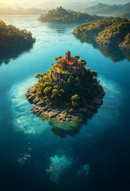 Breathtaking views, mystical place, detailed landscape, lighting, An island in the middle of the water, double exposure, water only, Reflection, clear and beautiful, sunlight, blue sky, day, beautiful view, depth of field, masterpiece, best quality, 8k, ultra-detailed, very aesthetic, illustration, superb composition, finest details, intricate details, absurdres, high contrast, RAW, concept art, perfect composition, aerial view
