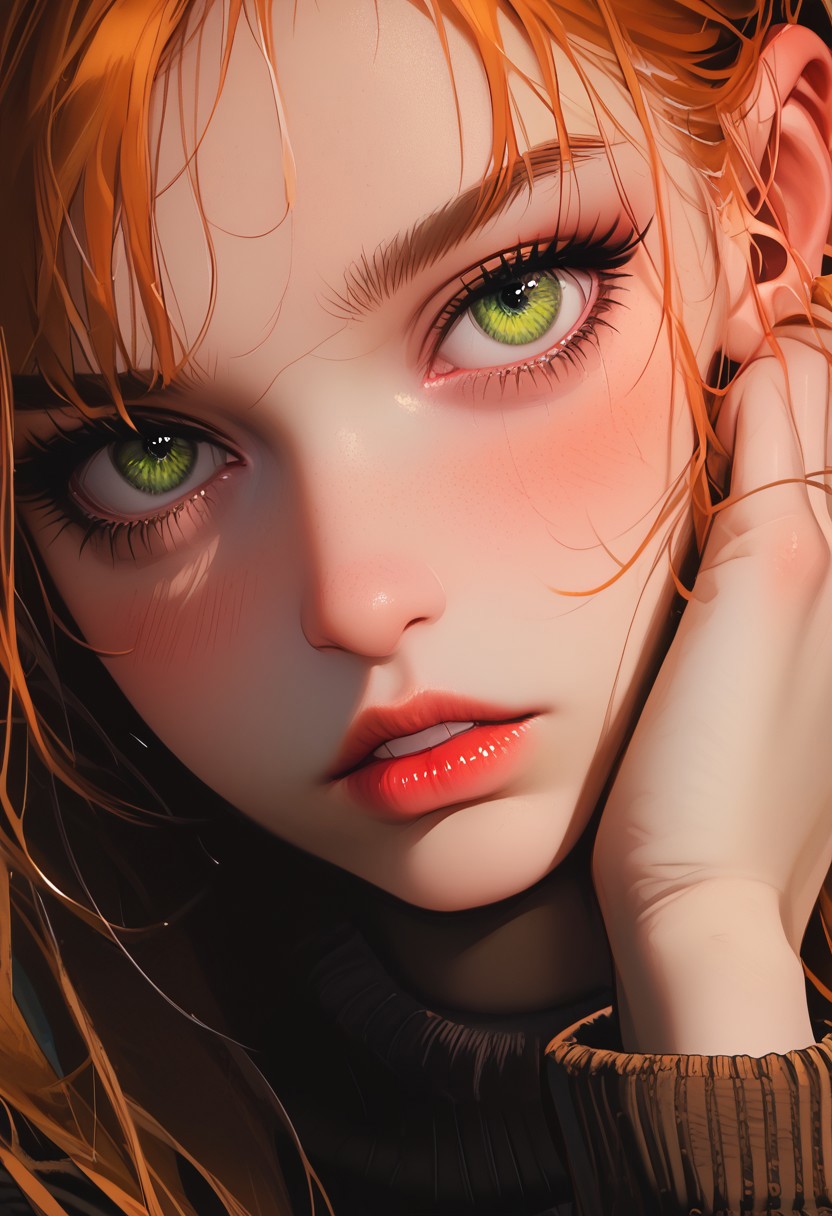 score_9, score_8_up, score_7_up, score_6_up, masterpiece, best quality, amazing quality, very aesthetic, 1girl, long hair, orange hair, green eyes, perfect round face, blush, (shy), ((parted lips)), looking at viewer, sweater, dark red lipstick, face focus, close up, hand on neck, Detailed, intimate, clear, personal, highly contrasted,