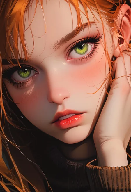 score_9, score_8_up, score_7_up, score_6_up, masterpiece, best quality, amazing quality, very aesthetic, 1girl, long hair, orange hair, green eyes, perfect round face, blush, (shy), ((parted lips)), looking at viewer, sweater, dark red lipstick, face focus, close up, hand on neck, Detailed, intimate, clear, personal, highly contrasted,