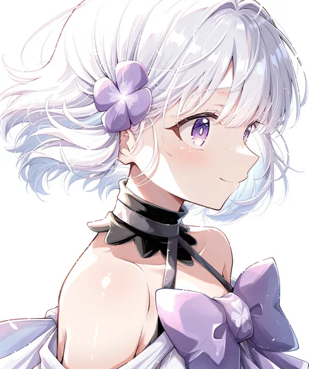 intricately detailed illustration, shiny skin, masterpiece, best quality, amazing quality, very aesthetic, newest, scenery, (volumetric lighting:1.1), full color, clear line, <lora:arte_v1:0.8>, arte, purple eyes, white hair, short hair, hair ornament, purple clover ornament, black choker, white dress, bare shoulders, purple ribbon, smile, upper body, simple background, <lora:cfg_scale_boost:0.7>