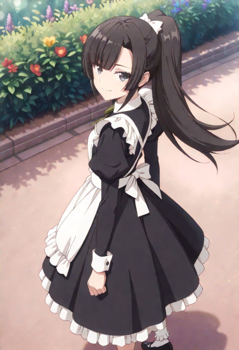 masterpiece, best quality, amazing quality, dynamic view,  solo, dynamic view,  solo, 1girl, masterpiece, best quality, bokeh, luminescent background, 
( maidhimari,, 
 black hair, ponytail, long hair, hair bow,  white bow, black eyes,  asymmetrical bangs, sidelocks, small breasts, ,
 black dress, maid dress, maid apron, white apron,  long sleeves, puffy sleeves, juliet sleeves,  ribbon, socks, white socks, frilled socks, black footwear,,
, ), 
solo, from behind, outdoors, garden, flower, red flower, blue flower, purple flower, yellow flower, looking back, smile,