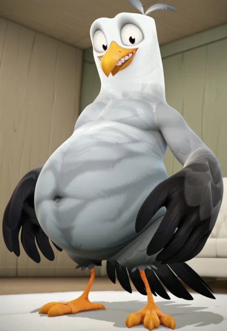 1boy, male, Gull, seagull, white head feathers, grey belly feathers, dark grey arms, black hand feathers, large hands, feathered hands, feathered fingers. small legs, orange legs, webbed feet, black tail feathers, large body, big belly, round belly, orange beak, teeth, big eyes, 3 feathers on head, white sclera, dark brown pupils, big eyes, square head, smile, looking at viewer, (masterwork, masterpiece), indoors, living room, couch, detailed background, DOF, 3D