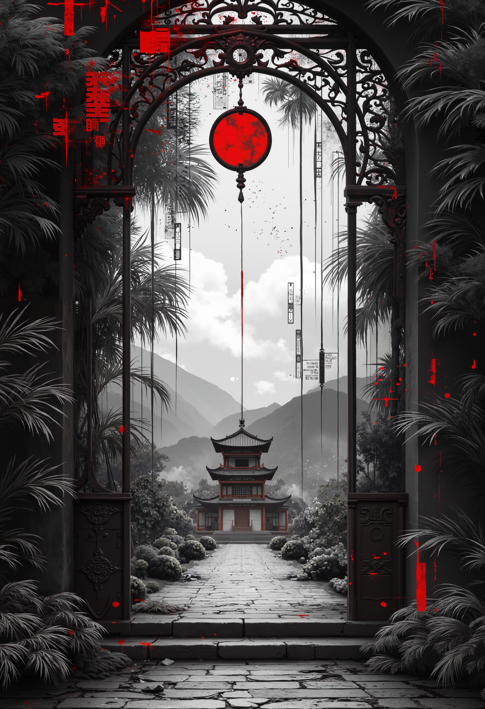 high quality, ultra detailed, colorful, abstract, fantasy, bo-abstract, bo-abyss, a digital drawing in a monochromatic, abstract style, it depicts a serene, ancient chinese temple with a traditional, ornate architecture, the temple is situated in the center of the image, surrounded by a lush, verdant garden with tall, slender bamboo plants on the left side, the background features a misty, ethereal landscape with rolling hills and a distant mountain range, creating a sense of depth and mystery, the sky is overcast, adding to the serene atmosphere, the texture of the drawing is smooth and detailed, with subtle shading that enhances the three-dimensional quality of the scene, the image is framed by an ornate, black metal gate with a circular opening at the top, through which sunlight streams, casting a soft, diffused light on the temple and the garden, the overall mood is tranquil and contemplative, with a hint of mystery and tranquility, the artwork is characterized by its clean, minimalist design and rich, dark tones, making it a striking and visually striking piece of art, partially blended with abstract digital elements. The scene has a dark, moody ambiance. The background features layers of glitch art, fragmented texts, and metallic textures. contrasting against the monochromatic tones of black, grey, and hints of red. Smudged paint and scratches add a sense of decay and technology,<lora:Flux\boFLUX AbstractMorph.safetensors:0.85:0.85> <lora:Flux\boFLUX digital-abyss.safetensors:1.0:1.0>