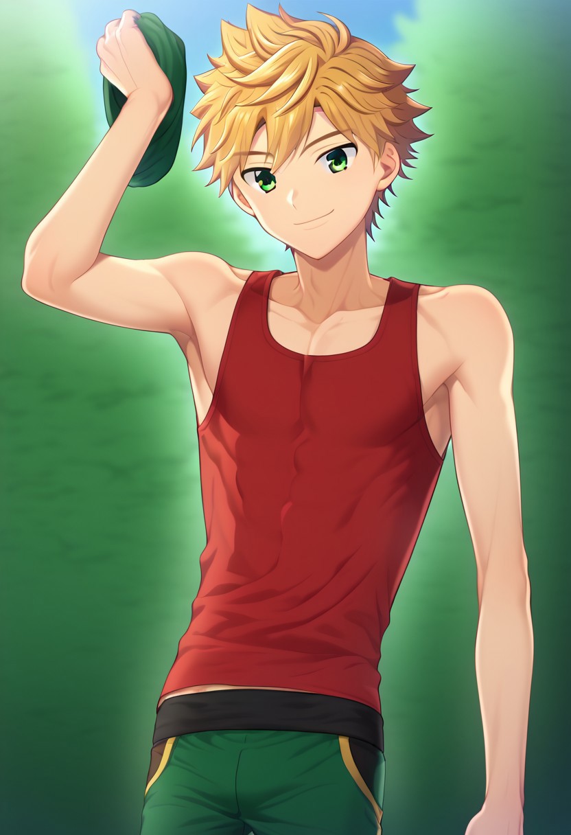 hikarishi_kenji, blond hair, short hair, bangs, green eyes, 1boy, (solo:1.20), solo focus, character with (athletic body:1.1), (balanced:1.2), red tank top, wear black trunk, smile, proportional body, strong lower body, handfixer, avarage height