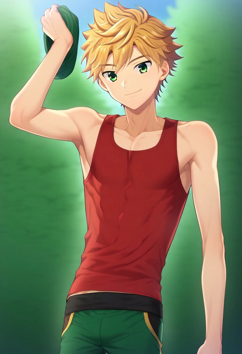 hikarishi_kenji, blond hair, short hair, bangs, green eyes, 1boy, (solo:1.20), solo focus, character with (athletic body:1.1), (balanced:1.2), red tank top, wear black trunk, smile, proportional body, strong lower body, handfixer, avarage height