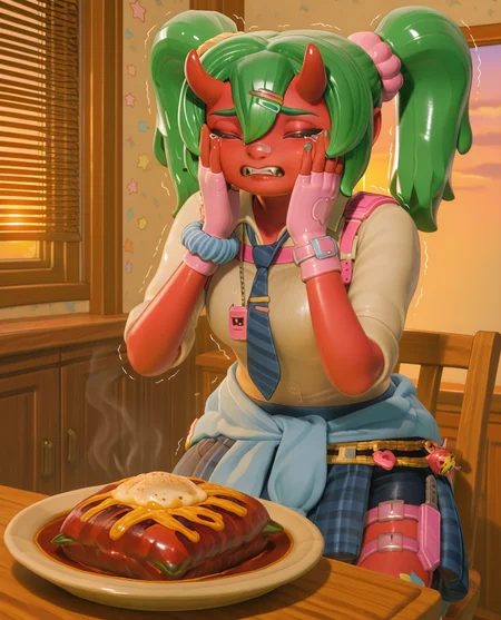 highly detailed, (upper body:1.3), (detailed background, kitchen, sunset, golden hour, shutters, blinds down, blinds, wooden table, wooden chair, orange interior, indoors:1.2), (delicious food, crying, tears, sad, closed eyes, tears flowing down the face, trembling, hands on own face, bomb on plate:1.2), (fortnite_nemia_lego:1.4), 1girl, solo, green hair, twintails, ponytail, long hair, bangs, hair between eyes, hair over one eye, ears, horns, oni horns, single horn, red skin, pink skin, blue eyes, parted lips, bandaid, bandaid on nose, bandaid on thighs, breasts, shirt, school uniform, necktie, plaid skirt, thighhighs, socks, loose socks, boots, jewelry, earrings, bracelet, charm, belt, gloves, fingerless gloves, knee pads, leg warmers, collarbone, solo, colored skin, hair ornament, hairclip, scrunchie, holster, striped necktie, clothes around waist, oni, plaid, charm (object), blue necktie, sweater around waist, animal print, heart, shoes, star (symbol), thigh holster, fangs, teeth, , <lora:delicious_food_surprised_hands_on_own_face:0.9> <lora:Fortnite_Nemia_Demonically_Cute_Set_ILXL_E41_16_DIM:1>