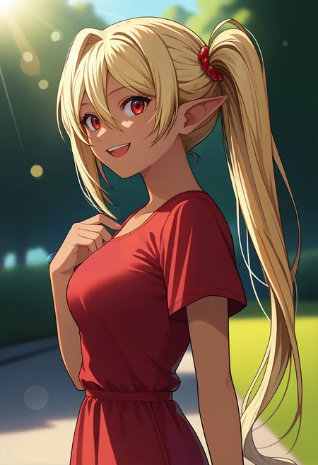 score_9, score_8_up, score_7_up, anime screencap, source_anime, 1girl, solo,
<lora:Chloe_Kuroinu_V1:.85>, KJOchloe, blonde hair, red eyes, dark skin, pointy ears, long hair, hair between eyes, side ponytail, black hair tie,
standing, red casual dress, parted lips, from side, hand up, short sleeves, 
outdoors, akihabara \(tokyo\), happy, smile, open mouth, sunny, sunlight, light rays, lens flare, depth of field, bokeh,
(Beautiful, medium Breasts:1.2), natural breasts,