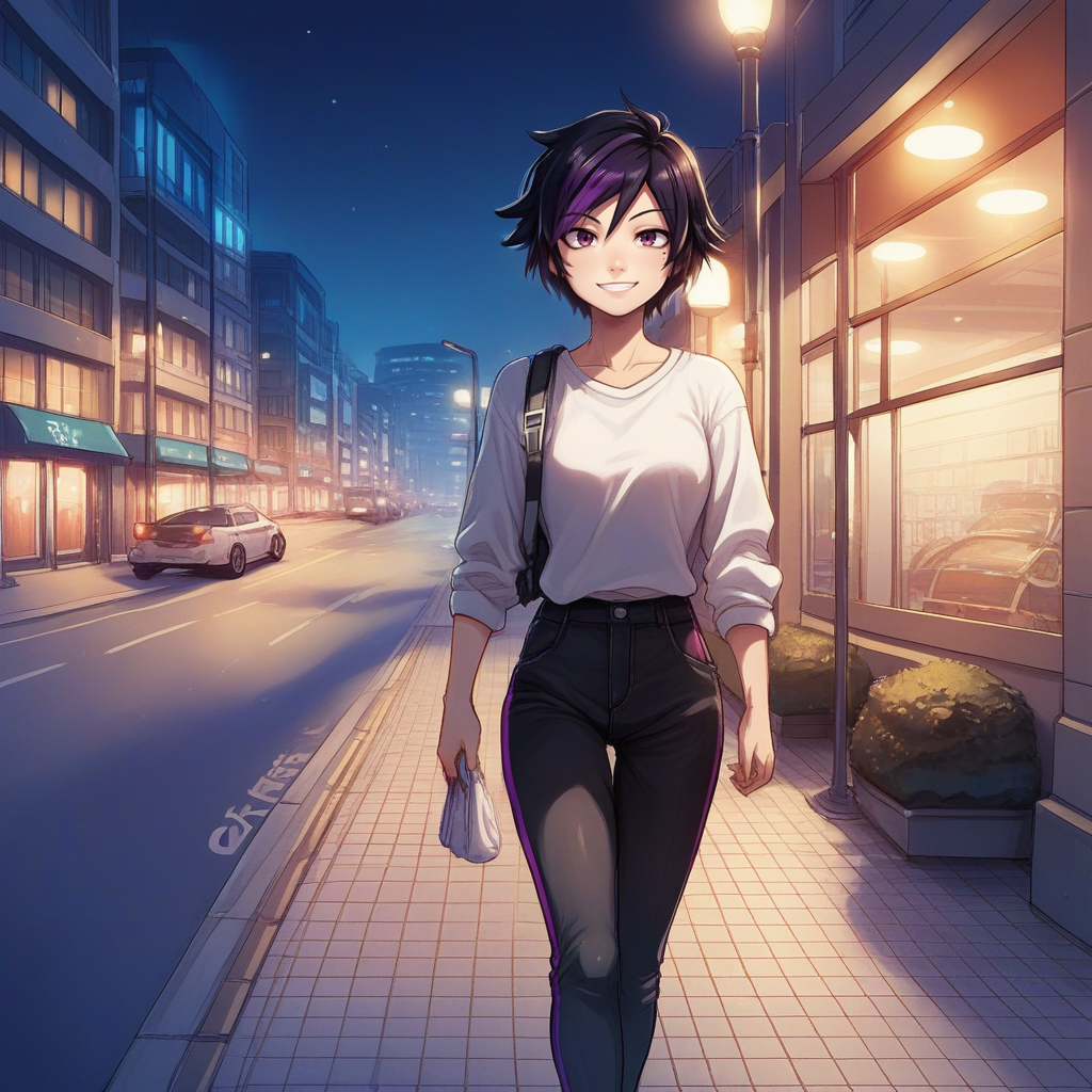 zPDXL2,score_9, score_8_up, score_7_up, score_6_up, score_5_up, score_4_up, source_anime, 1girl, solo, looking at viewer, walking, smile, night time, night, urban,  cowboy shot, close up, gogo_tomago, big_hero_6,    , <lora:Sidewalk:0.7> s1dew4lk, building, sidewalk, next to street, outdoors,