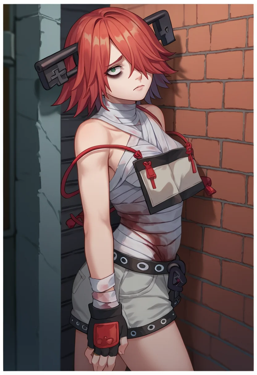 score_9, score_8_up, score_7_up, source_anime, solo, 1girl, ggisukaaba, looking at viewer, standing, hair over one eye, object through head, key, bags under eyes, blood on clothes, bandages, fingerless gloves, grey shorts, breasts, outdoors, alley, brick wall <lora:guiltygear_isuka_aba_ponyXL:1>