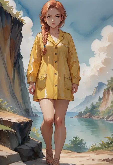 high res, good quality, accurate face, ((high resolution:1.2), (hi-res:1.2), masterpiece, best quality), ng_deepnegative_v1_75t, easynegative, fcNeg, masterpiece, best quality), Girl wearing a yellow raincoat, Long brown hair, braided hair, Hair Covering eyes, Pale white skin, girl Walking across cliffside, yellow skies in the background, expressionless, full body, 2d flat, solo, Expressiveh, watercolor \(medium\), traditional media,