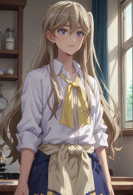 score_9, score_8_up, score_7_up, score_6_up, source_anime, 
1girl, 21+ years old,
galleader, long_hair, blonde_hair, brown_hair, one_side_up, hair_between_eyes,  blue_eyes, school_uniform, white_shirt, collared_shirt, sleeves_rolled_up, skirt, thighhighs, clothes_around_waist, jewelry, earrings
cook apron,
In Kitchen, window,