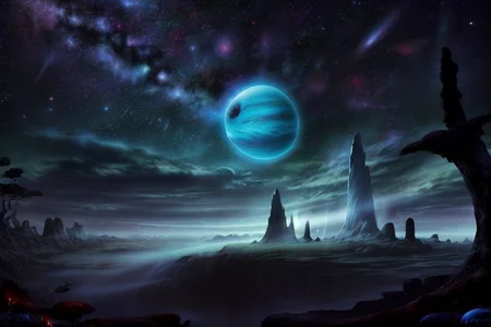 masterpiece, best quality, A humid and dense alien forest stretches out to the horizon, and only lonely rocks rise from this greenish mass with sharp black peaks, a light haze rises above the trees. The sky gradually changes color from bluish at the horizon to blue-black at the top of the picture. In the dark part of the sky, bright stars and a light blue gas giant planet are visible.  Matte painting, artstation, 4k, high resolution, (masterpiece:1.2), best quality