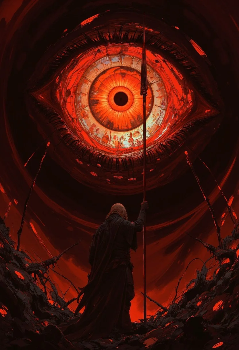 This is a digital illustration in a dynamic, semi-realistic style with heavy emphasis on dramatic, almost surreal elements. The artwork features a lone figure standing in a stylized, swirling vortex of dark, reddish-brown hues. The figure is a woman with long, flowing hair, dressed in dark, loose clothing, reminiscent of ancient warrior attire. She holds a long spear, its tip pointing upwards, suggesting readiness or determination.
The focal point is her eye, which is the dominant feature in the center of the image. The eye is a striking, glowing orange, almost a solid circle, with intricate, swirling patterns around it, adding to the sense of intensity and focus. The background and surrounding area are filled with chaotic, abstract brush strokes and splatters in shades of red, black, and white, creating a sense of motion and chaos.
The woman stands in a stylized, almost ethereal landscape, with the eye appearing to be the epicenter of the vortex, drawing the viewer's attention. The overall color palette is dominated by warm tones, with the intense reds and oranges contrasting starkly with the dark browns and blacks, giving the image a dramatic, almost apocalyptic feel.