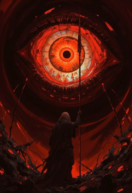 This is a digital illustration in a dynamic, semi-realistic style with heavy emphasis on dramatic, almost surreal elements. The artwork features a lone figure standing in a stylized, swirling vortex of dark, reddish-brown hues. The figure is a woman with long, flowing hair, dressed in dark, loose clothing, reminiscent of ancient warrior attire. She holds a long spear, its tip pointing upwards, suggesting readiness or determination.
The focal point is her eye, which is the dominant feature in the center of the image. The eye is a striking, glowing orange, almost a solid circle, with intricate, swirling patterns around it, adding to the sense of intensity and focus. The background and surrounding area are filled with chaotic, abstract brush strokes and splatters in shades of red, black, and white, creating a sense of motion and chaos.
The woman stands in a stylized, almost ethereal landscape, with the eye appearing to be the epicenter of the vortex, drawing the viewer's attention. The overall color palette is dominated by warm tones, with the intense reds and oranges contrasting starkly with the dark browns and blacks, giving the image a dramatic, almost apocalyptic feel.