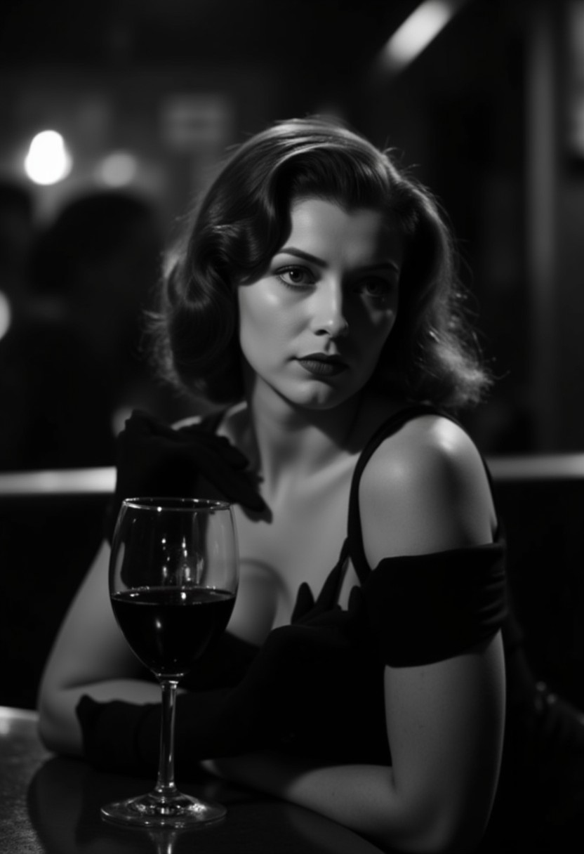 A beautiful brunette woman in 1940s film noir style, sitting at a table in a dimly lit cabaret, drinking wine. The analog monochrome photography captures her enigmatic expression and the dramatic lighting, with deep shadows and a vintage aesthetic. The composition frames her from the mid-torso up, emphasizing her glamorous attire and the atmospheric setting.