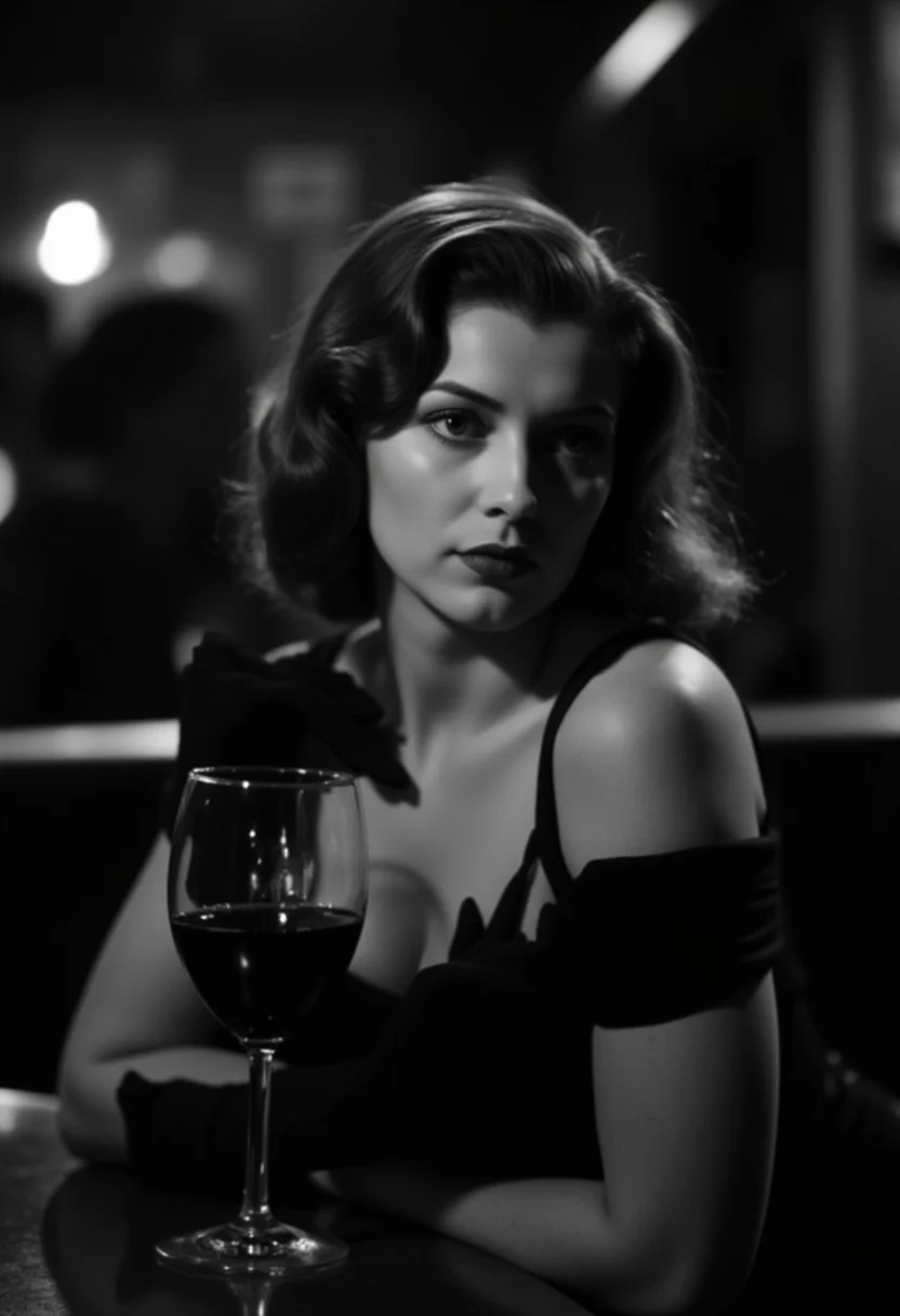 A beautiful brunette woman in 1940s film noir style, sitting at a table in a dimly lit cabaret, drinking wine. The analog monochrome photography captures her enigmatic expression and the dramatic lighting, with deep shadows and a vintage aesthetic. The composition frames her from the mid-torso up, emphasizing her glamorous attire and the atmospheric setting.