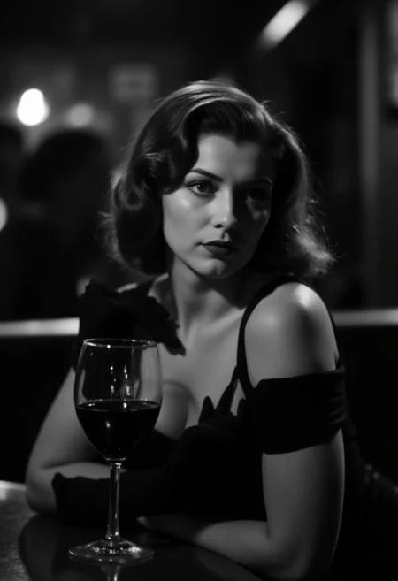 A beautiful brunette woman in 1940s film noir style, sitting at a table in a dimly lit cabaret, drinking wine. The analog monochrome photography captures her enigmatic expression and the dramatic lighting, with deep shadows and a vintage aesthetic. The composition frames her from the mid-torso up, emphasizing her glamorous attire and the atmospheric setting.