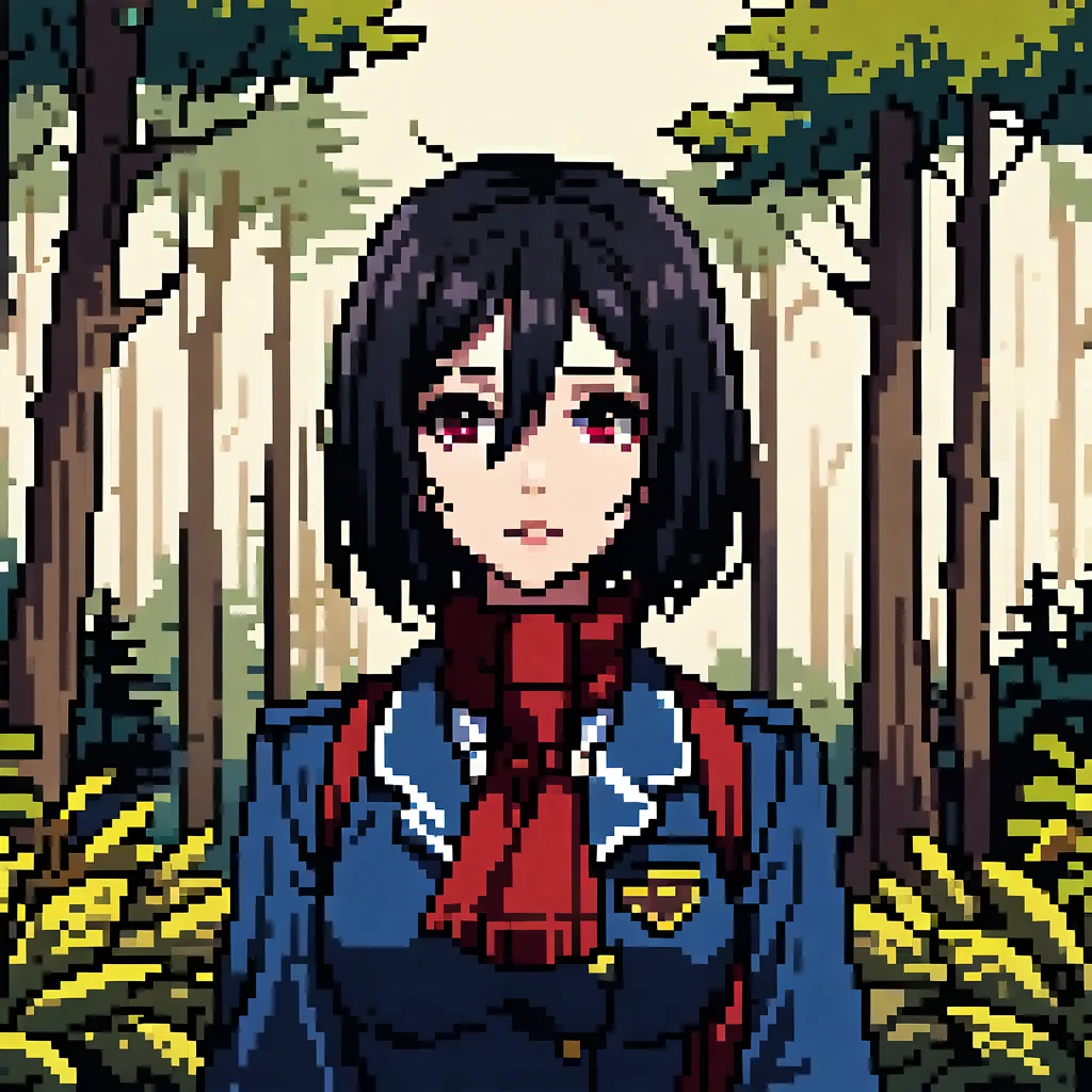 1girl, mikasa ackerman, facing at viewer, wearing highschool uniform, forest background, upperbody <lora:AziibPixelArtXL_Anime:0.8>