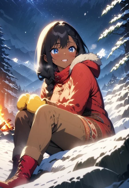 gorgeous lips, cinematic, (masterpiece), (best quality), (ultra-detailed), very aesthetic, illustration, perfect composition, intricate details, absurdres, detailed face, (anime, masterpiece, intricate:1.3), (best quality, hires textures, high detail:1.2), (4k),(incredibly detailed:1.4)
Footbath, beautiful girl,, foot of a snowy mountain, sitting on a rock, snowy forest, campfire, black hair, no bangs, long hair, , shy smile,, hair blowing in the breeze, whispy clouds in the sky, evening, winter, forest mountains, starry sky, snowing, far from the city center, mountainous countryside, perfect quality,cute smile, Looking back, beautiful scenery, high resolution, Himalayan style fur lined red Parka, fur lined hood, pants, red boots, pants, yellow mittens, braided hair, tan skin, brown skin, blue eyes, θζ―γγ·γγγγͺ, θζ―, γ·γγγγͺ,<lora:more_details:0.5>