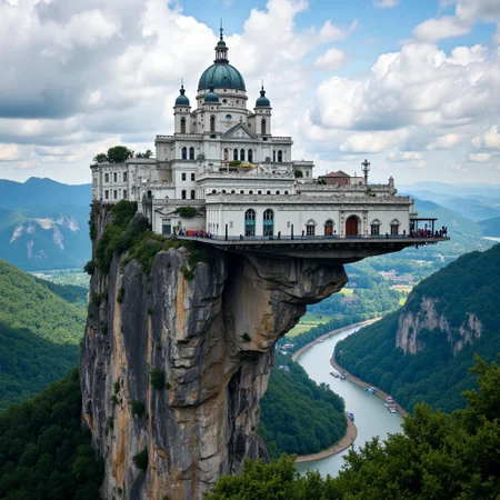 A majestic floating city, built on a massive clifftop. The city has a grand, neoclassical architectural style with white marble columns and domes. The undercroppings of the cliff are detailed with intricate stonework and support structures. Lush green valleys and a winding river stretch out below, with distant mountains in the background. The sky is filled with dramatic clouds.