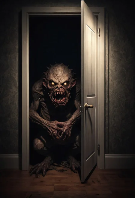 The light of a flashlight shines into a closet on the left side in a dark bedroom, a disgusting horror monster is sitting in the closet, st_monsters, high detailed, high resolution, photorealistic