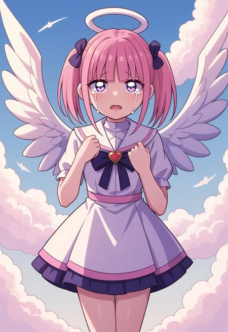 score_9, score_8_up, score_7_up,
masterpiece, best quality, detailed, amazing quality,
detailed background, sky, light background,
detailed eyes, clean eyes,
dynamic pose, flying, tears, crying with open eyes,
easynegative,
solo, 1girl, (menhera-chan)++, angel, angel wings,