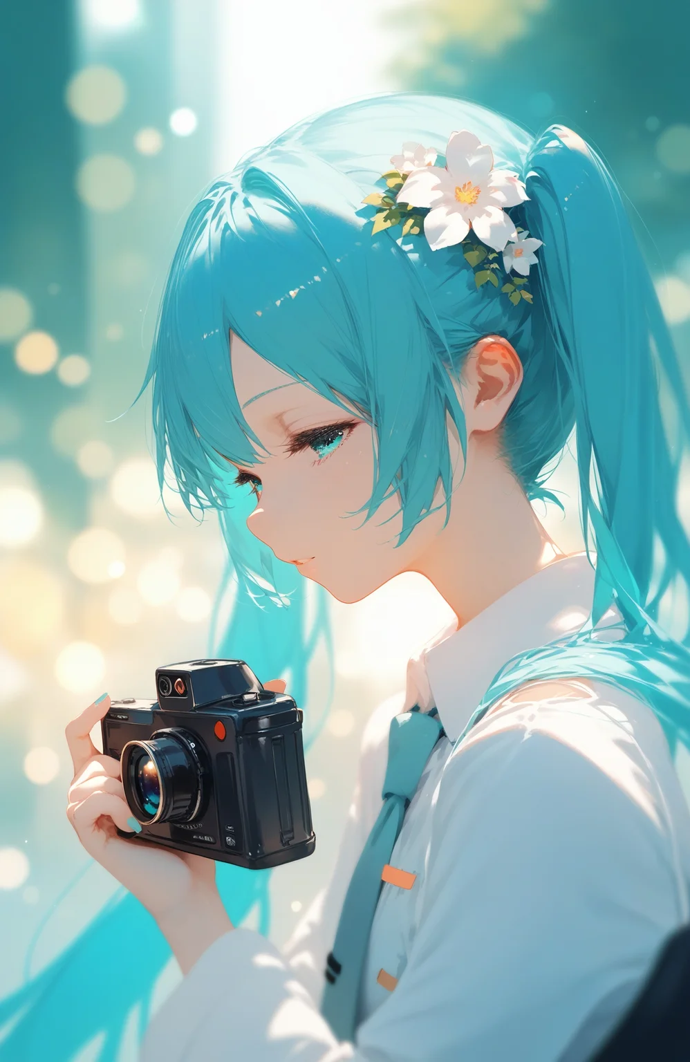 score_9,score_8_up,score_7_up,score_6_up,source_anime,softnai3style,
<lora:softNai3Style01:1>,
1girl, solo, hatsune miku, holding, camera, hair ornament, long hair, flower, hair flower, blurry, blue eyes, holding camera, aqua hair, twintails, half-closed eyes, close-up, profile, aqua eyes, depth of field, portrait, from side,,