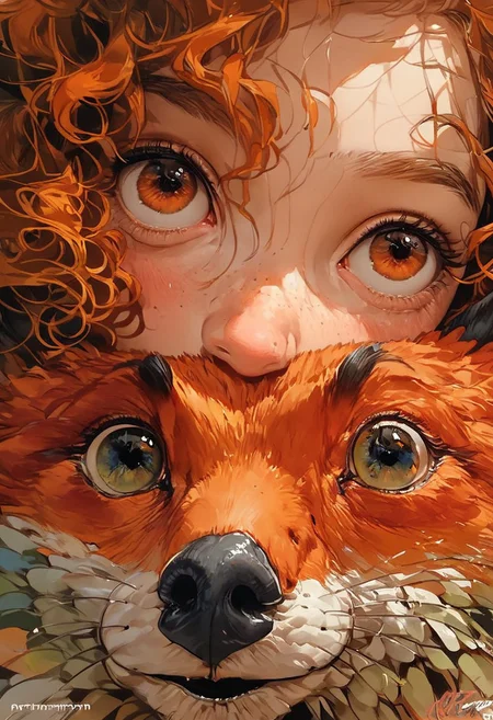 score_9, score_8_up, score_7_up, score_6_up, score_5_up, score_4_up, animalclose-up, 1girl and a hawk, girl has reddish-orange curly hair, hawk is white and brown,
