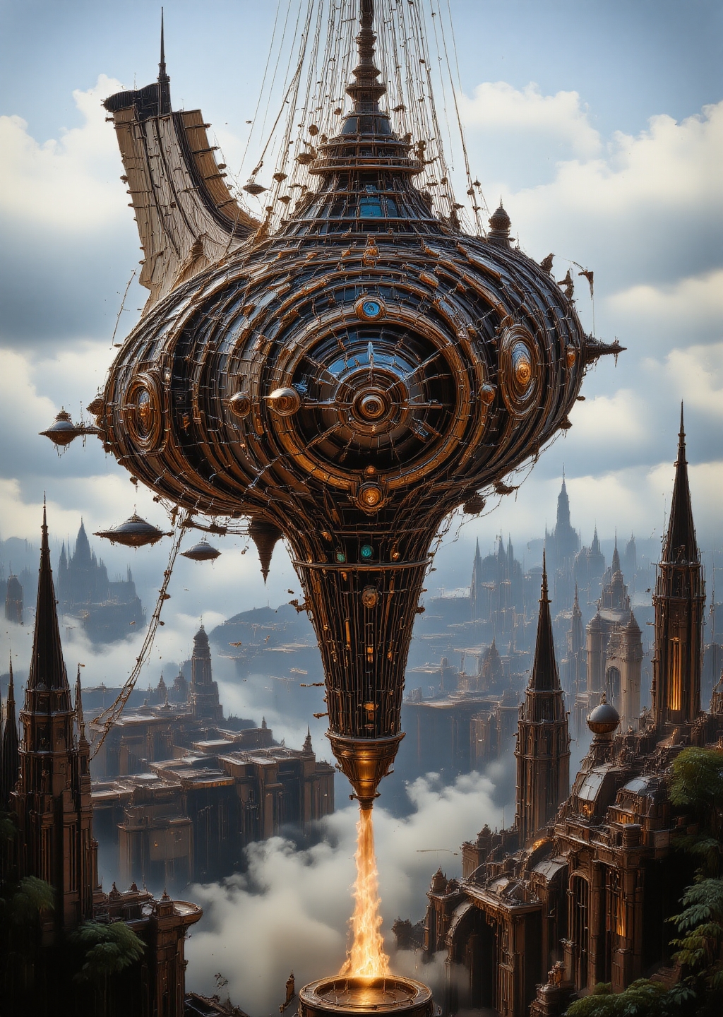 Colossal steampunk airship, ornate brass and copper detailing, sails billowing, hovers majestically above a sprawling Victorian-era cityscape. Intricate gears and pistons visible through translucent panels. Propellers whir, emitting wisps of steam. Crew members in elaborate goggles and top hats tend to gleaming machinery on the deck. Zeppelin-like envelope adorned with elaborate filigree patterns. City below shrouded in mist, clocktowers and chimneys pierce the fog. Golden sunlight glints off polished surfaces. Floating islands with hanging gardens drift nearby. Smaller vessels buzz around like mechanical insects. Hyper-detailed, 8K resolution, photorealistic rendering, atmospheric lighting, cinematic composition, <lora:moxiePunk_v20.safetensors:0.8:0.8> <lora:Sinfully_Stylish_.02_for_FLUX-000002.safetensors:0.8:0.8> <lora:flux.1_lora_flyway_Epic-detail_v2.safetensors:0.8:0.8>